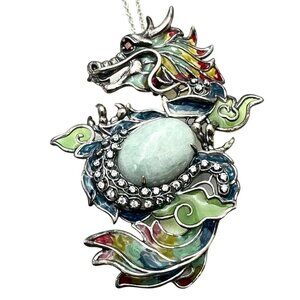Unique Womens Plique a Jour Sterling Silver Jade Necklace Chinese Dragon